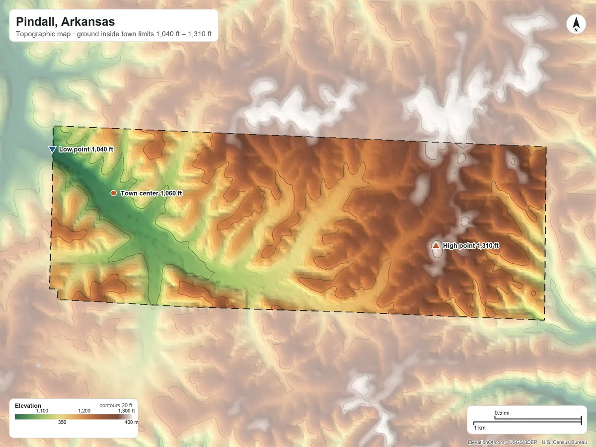 Topographic elevation map of Pindall, Arkansas, shaded from 1,040 ft on the northwest side to 1,310 ft on the east side