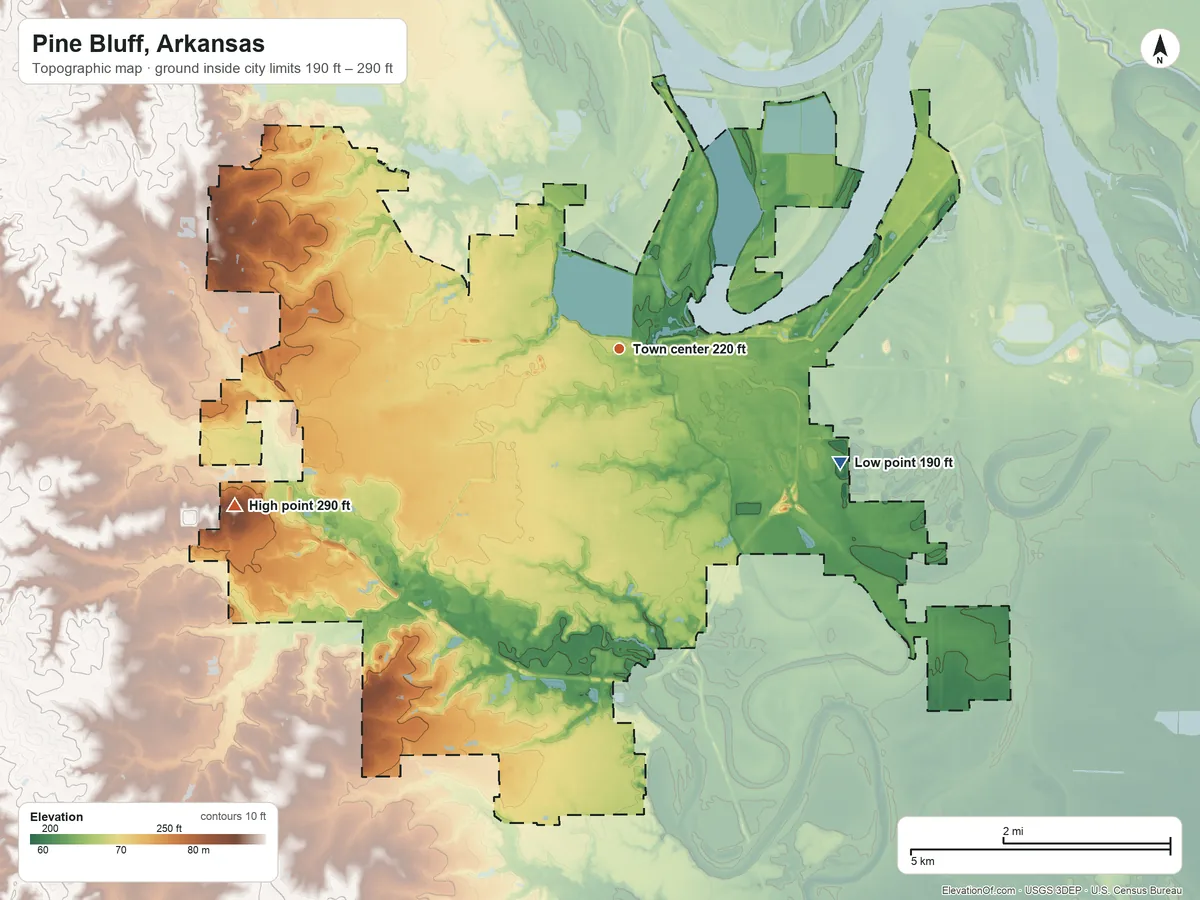 Topographic elevation map of Pine Bluff, Arkansas, shaded from 190 ft on the southeast side to 290 ft on the west side