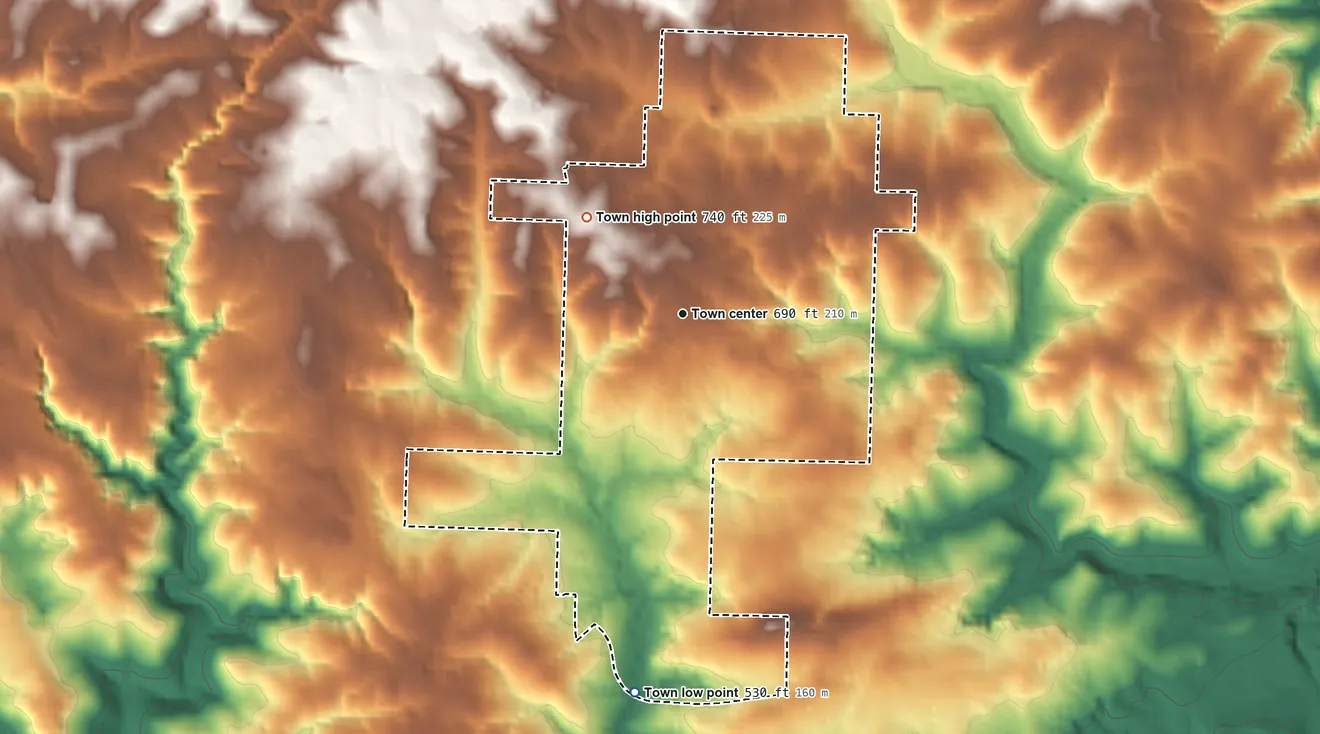 Topographic elevation map of Pineville, Arkansas, shaded from 530 ft on the south side to 740 ft on the northwest side
