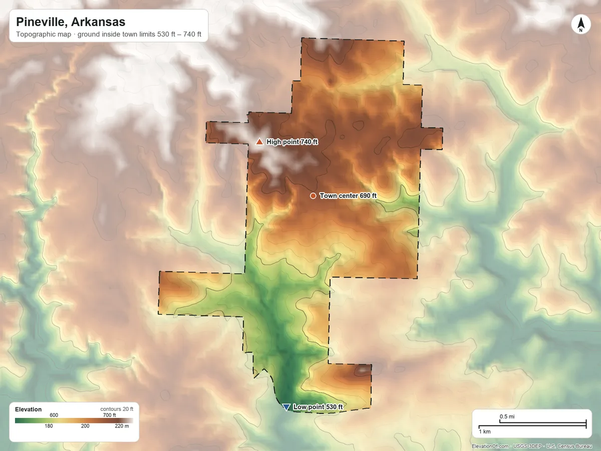 Topographic elevation map of Pineville, Arkansas, shaded from 530 ft on the south side to 740 ft on the northwest side