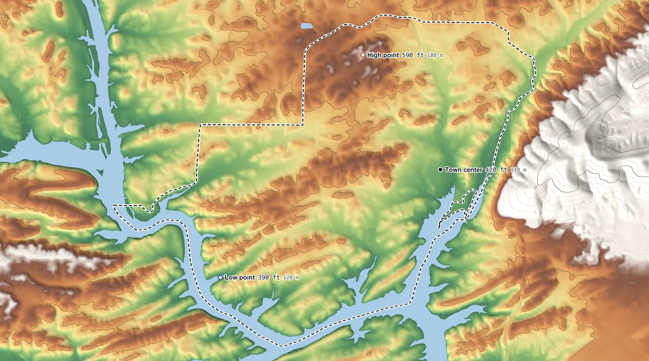 Topographic elevation map of Piney, Arkansas, shaded from 390 ft on the southwest side to 590 ft on the northwest edge, below higher ground just outside