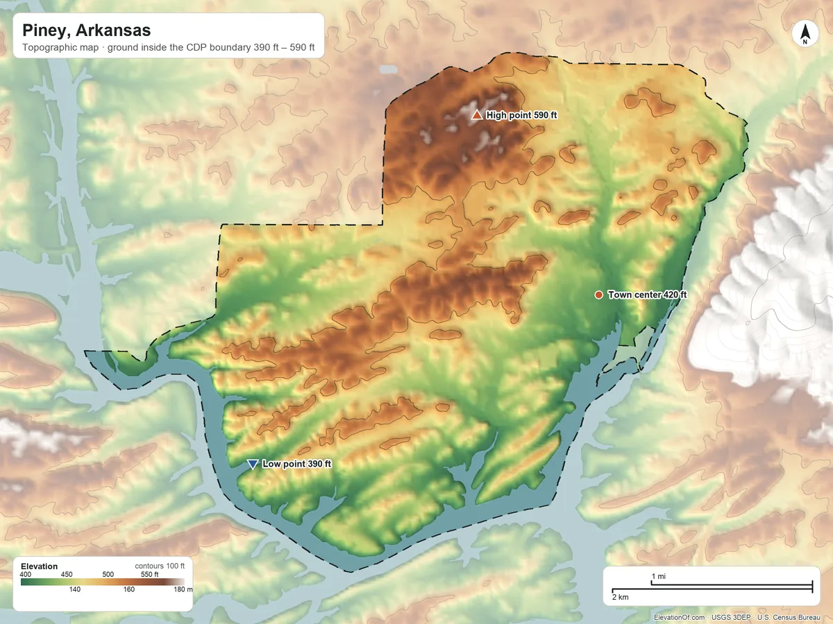 Topographic elevation map of Piney, Arkansas, shaded from 390 ft on the southwest side to 590 ft on the northwest edge, below higher ground just outside