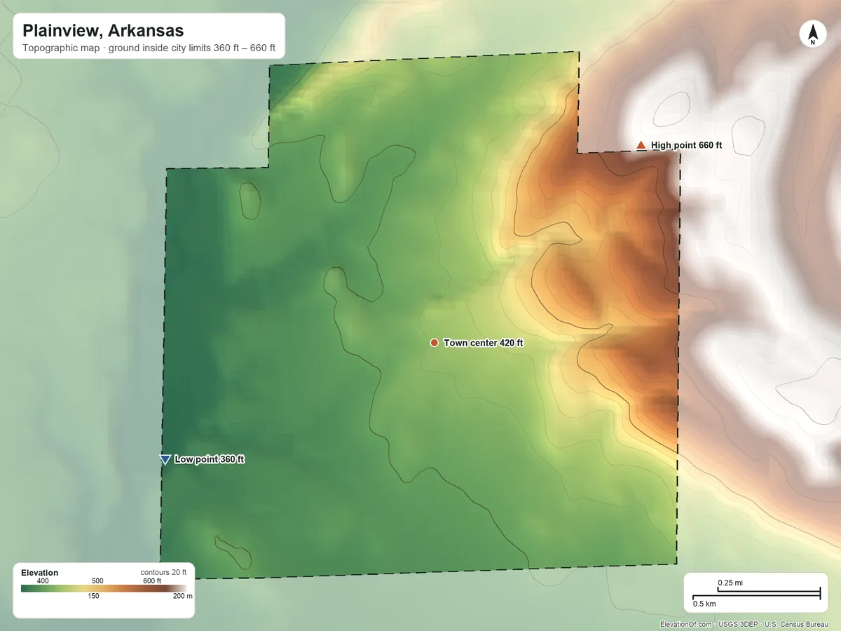 Topographic elevation map of Plainview, Arkansas, shaded from 360 ft on the southwest side to 660 ft on the northeast side