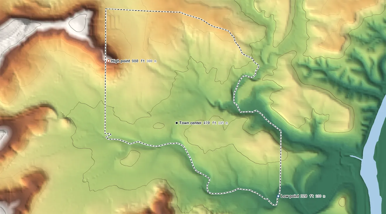 Topographic elevation map of Pleasant Grove, Arkansas, shaded from 320 ft on the southeast side to 980 ft on Pruitt Point