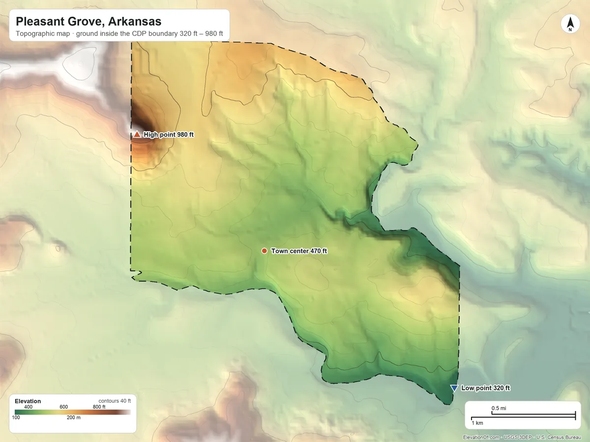 Topographic elevation map of Pleasant Grove, Arkansas, shaded from 320 ft on the southeast side to 980 ft on Pruitt Point
