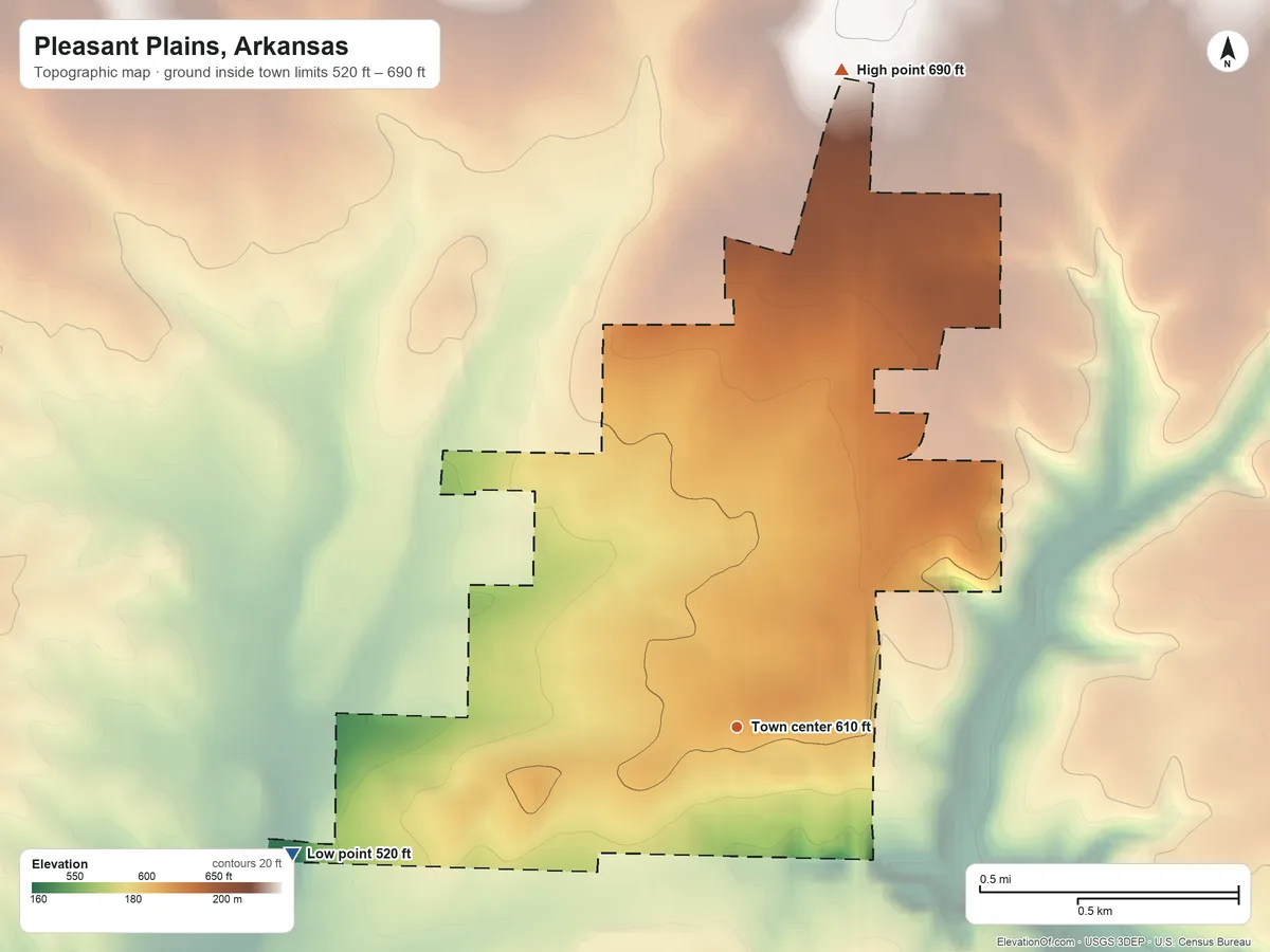 Topographic elevation map of Pleasant Plains, Arkansas, shaded from 520 ft on the west side to 690 ft on the north side