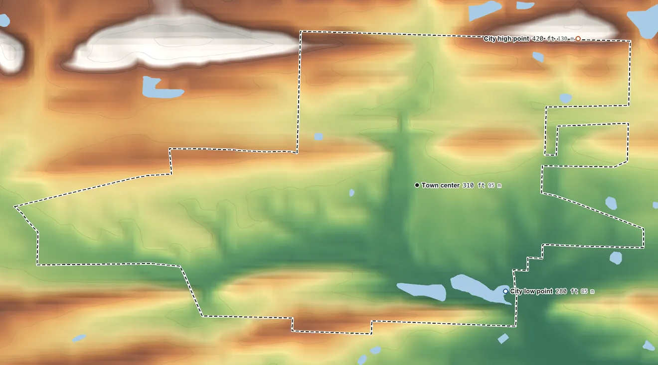 Topographic elevation map of Plumerville, Arkansas, shaded from 280 ft on the southeast side to 420 ft on the northeast side