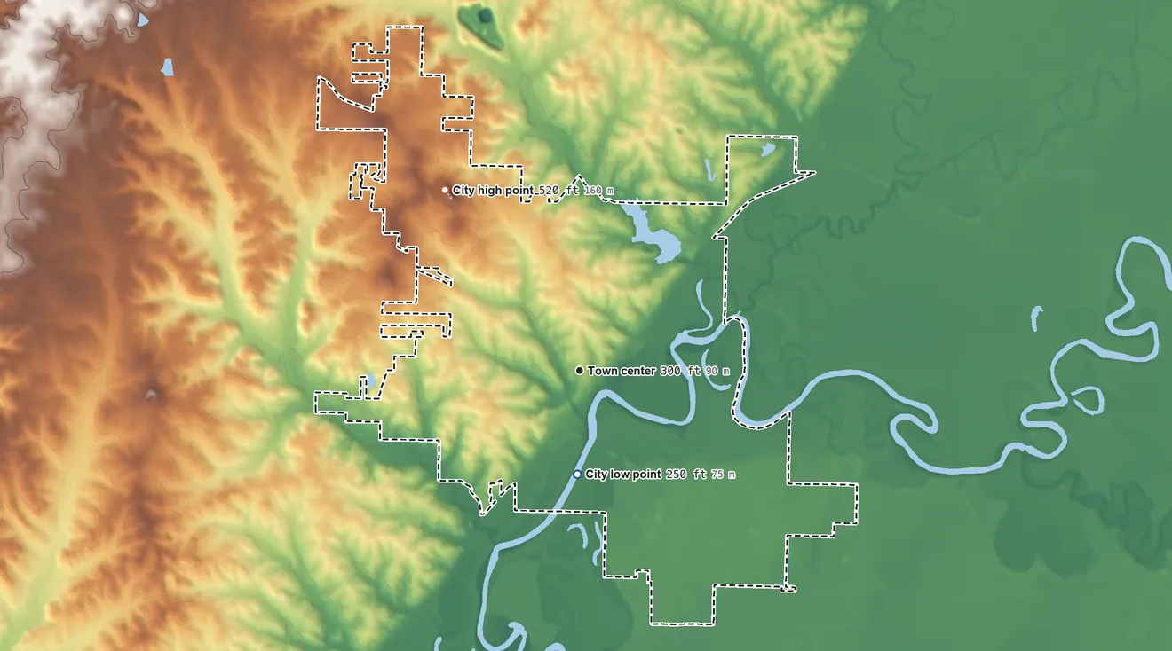 Topographic elevation map of Pocahontas, Arkansas, shaded from 250 ft on the south side to 520 ft on Sand Hill