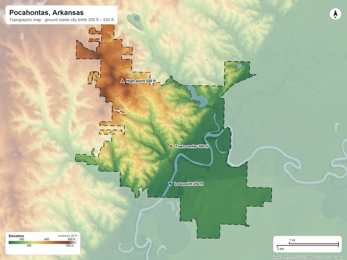 Topographic elevation map of Pocahontas, Arkansas, shaded from 250 ft on the south side to 520 ft on Sand Hill