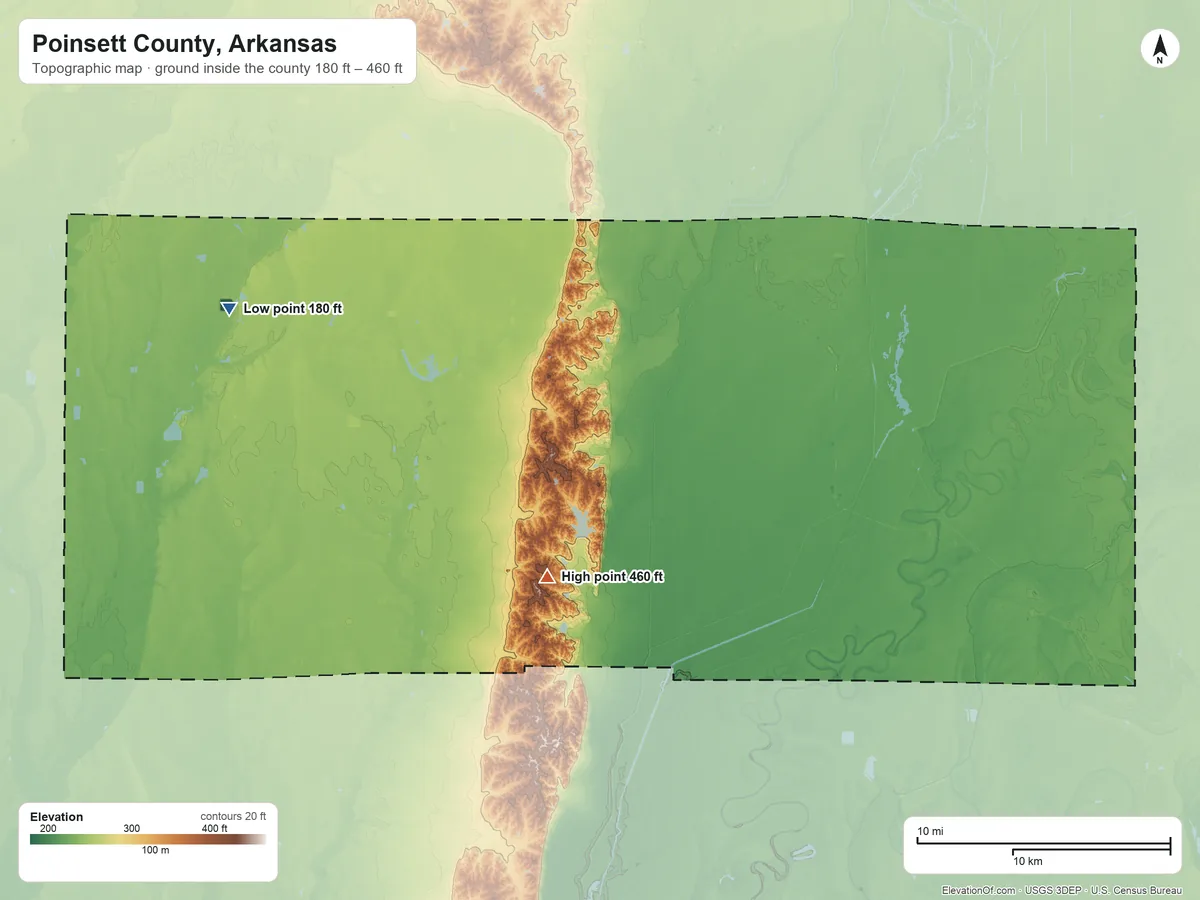 Topographic elevation map of Poinsett County, Arkansas, shaded from 180 ft on the west side to 460 ft on the southwest side