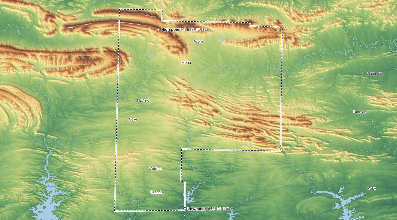 Topographic elevation map of Polk County, Arkansas, shaded from 450 ft on the south side to 2,680 ft on the northwest side