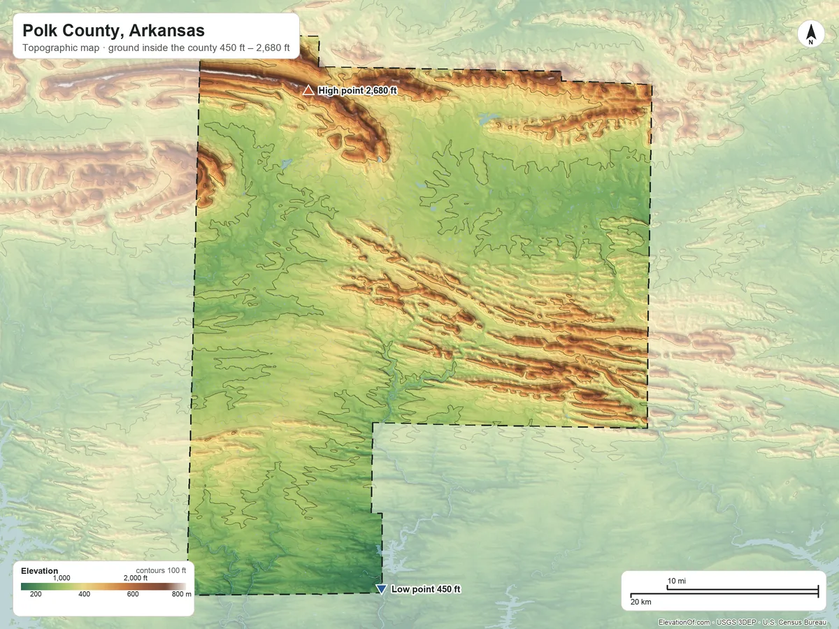 Topographic elevation map of Polk County, Arkansas, shaded from 450 ft on the south side to 2,680 ft on the northwest side