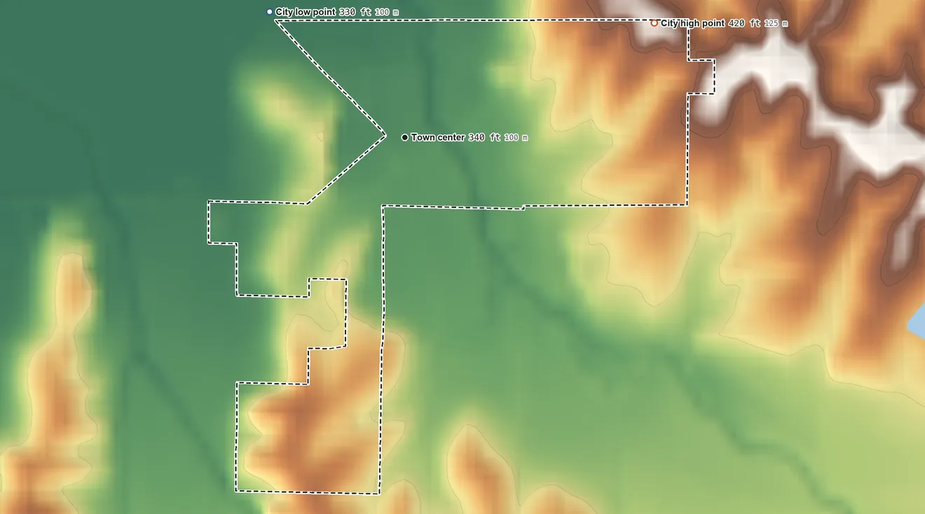 Topographic elevation map of Pollard, Arkansas, shaded from 330 ft on the northwest side to 420 ft on the northeast side
