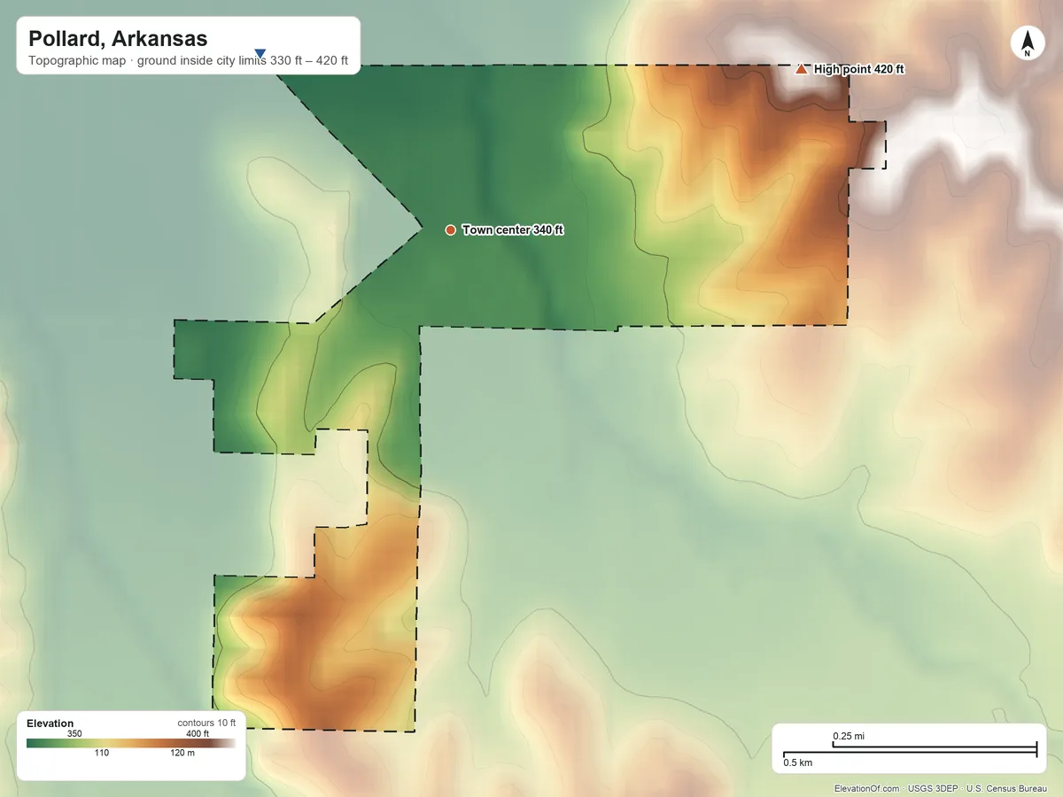 Topographic elevation map of Pollard, Arkansas, shaded from 330 ft on the northwest side to 420 ft on the northeast side