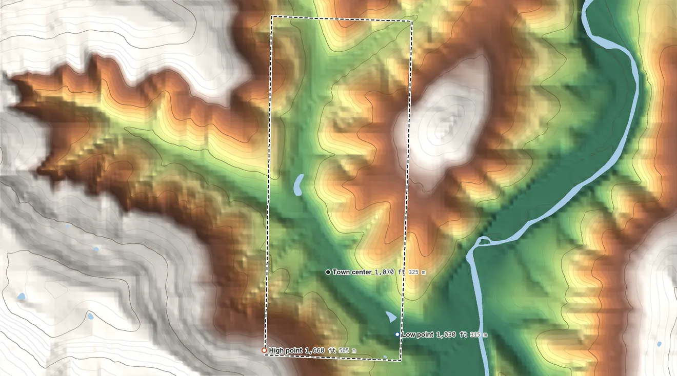 Topographic elevation map of Ponca, Arkansas, shaded from 1,030 ft on the southeast side to 1,660 ft at the foot of the Boston Mountains