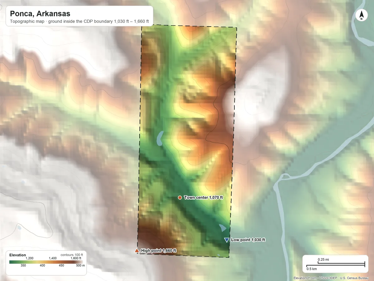 Topographic elevation map of Ponca, Arkansas, shaded from 1,030 ft on the southeast side to 1,660 ft at the foot of the Boston Mountains