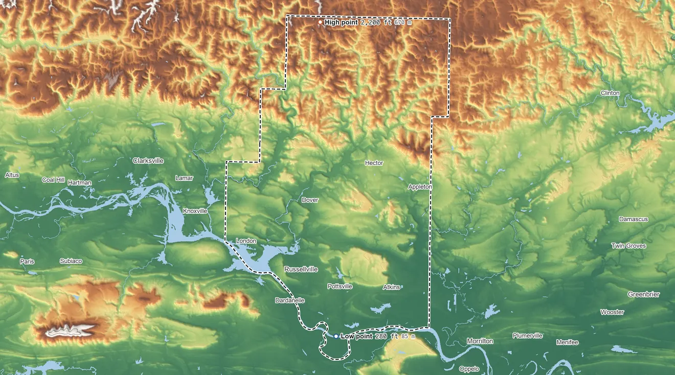 Topographic elevation map of Pope County, Arkansas, shaded from 280 ft on the south side to 2,200 ft on the north side