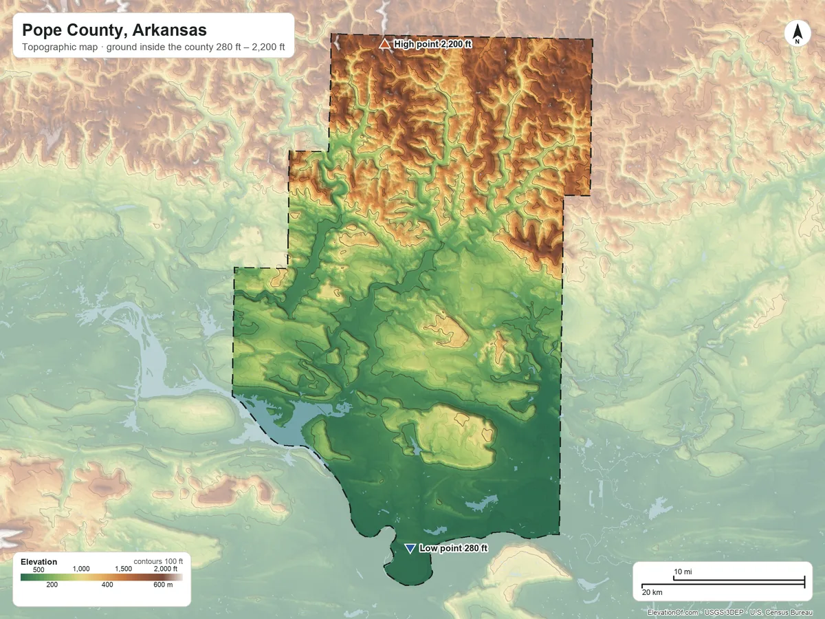 Topographic elevation map of Pope County, Arkansas, shaded from 280 ft on the south side to 2,200 ft on the north side