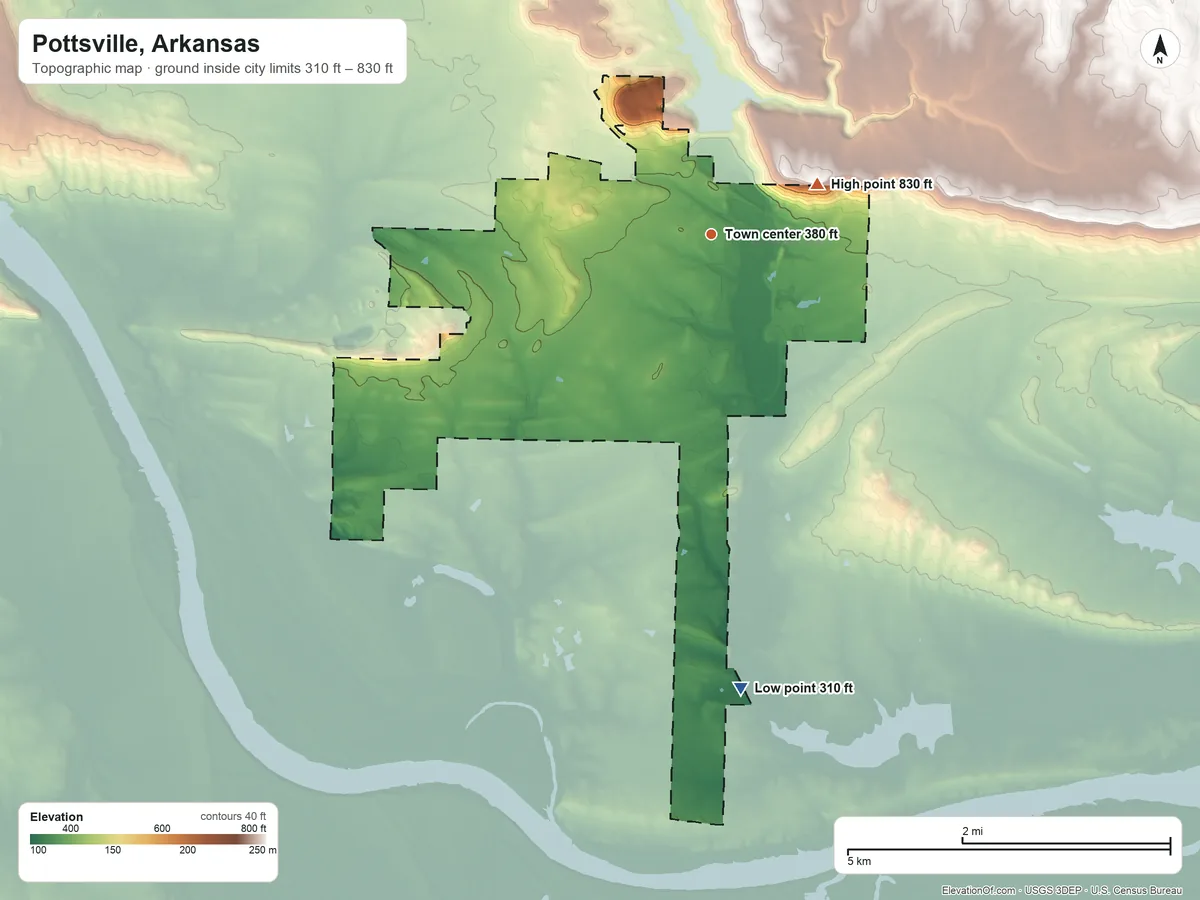 Topographic elevation map of Pottsville, Arkansas, shaded from 310 ft on the south side to 830 ft on the northeast side