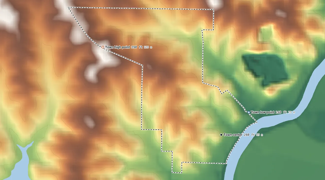 Topographic elevation map of Powhatan, Arkansas, shaded from 240 ft on the northeast side to 390 ft on the northwest side
