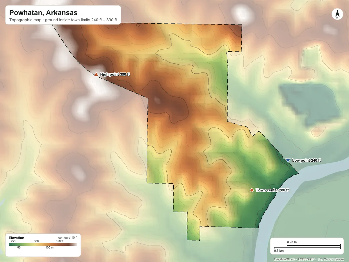 Topographic elevation map of Powhatan, Arkansas, shaded from 240 ft on the northeast side to 390 ft on the northwest side