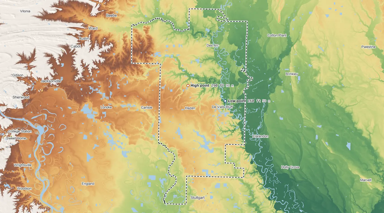 Topographic elevation map of Prairie County, Arkansas, shaded from 160 ft on the east side to 290 ft near the middle