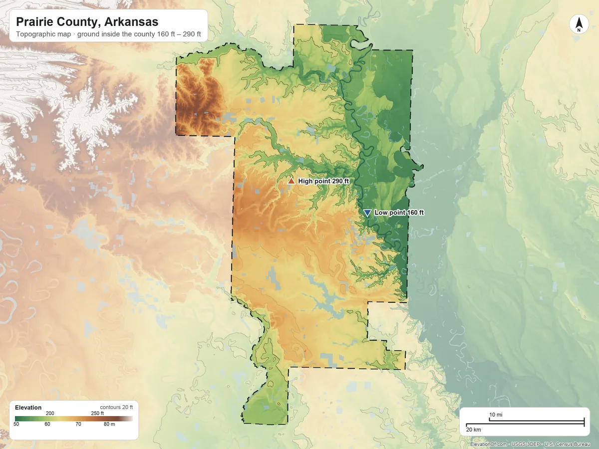 Topographic elevation map of Prairie County, Arkansas, shaded from 160 ft on the east side to 290 ft near the middle