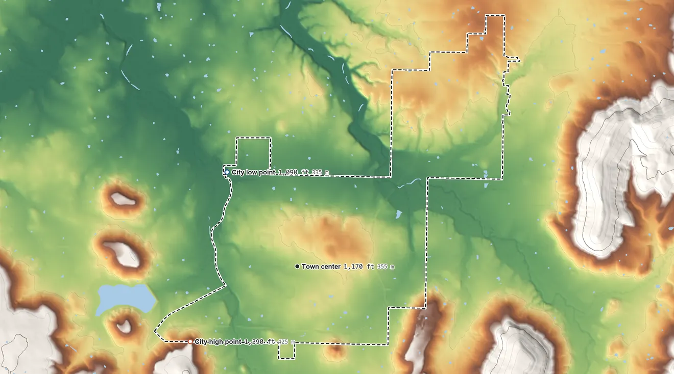 Topographic elevation map of Prairie Grove, Arkansas, shaded from 1,090 ft on the northwest side to 1,390 ft on the southwest side