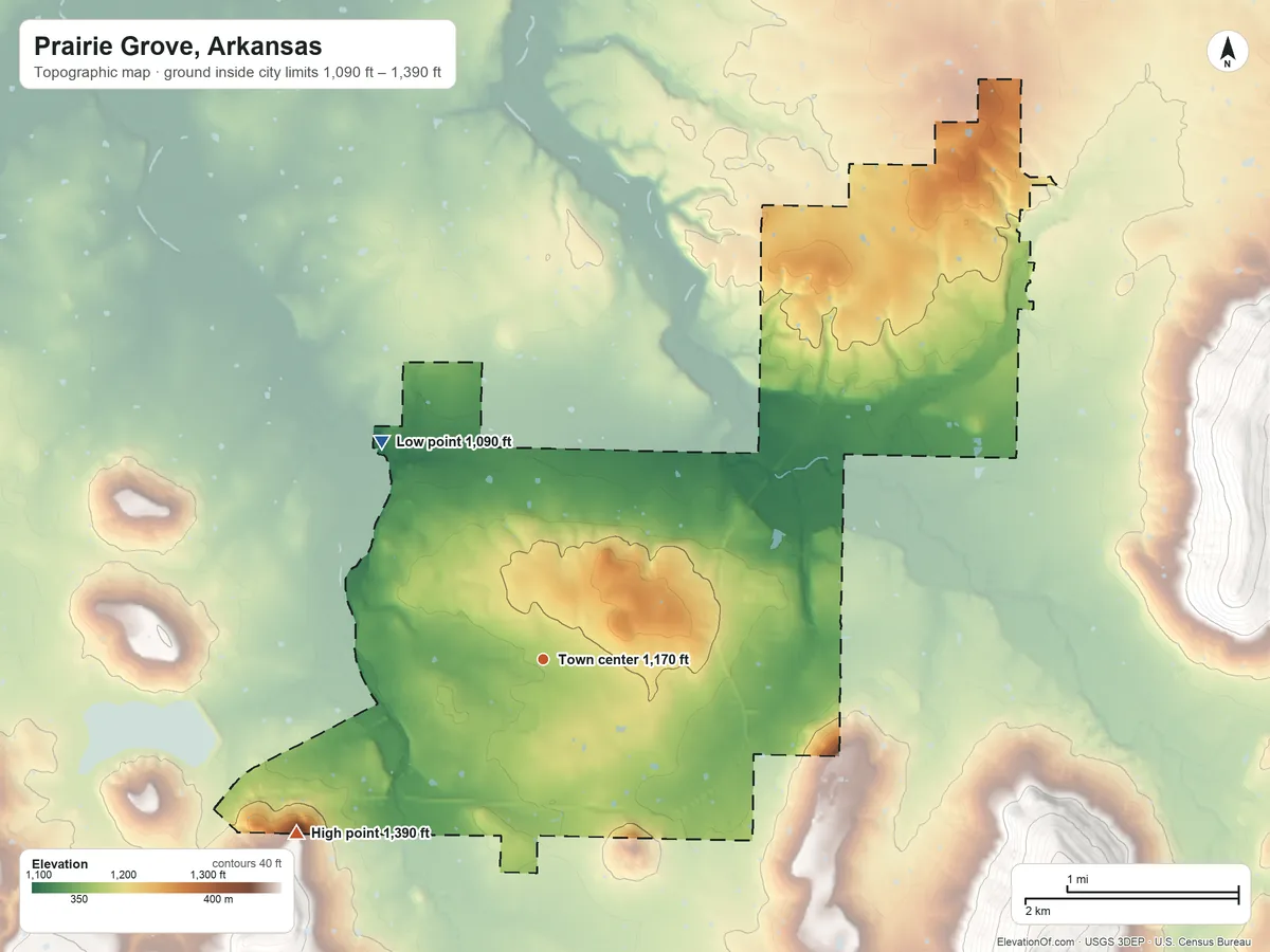 Topographic elevation map of Prairie Grove, Arkansas, shaded from 1,090 ft on the northwest side to 1,390 ft on the southwest side