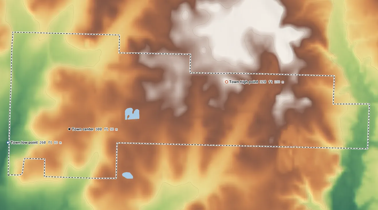 Topographic elevation map of Prattsville, Arkansas, shaded from 260 ft on the west side to 320 ft on the east side
