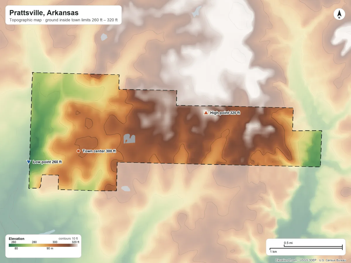 Topographic elevation map of Prattsville, Arkansas, shaded from 260 ft on the west side to 320 ft on the east side