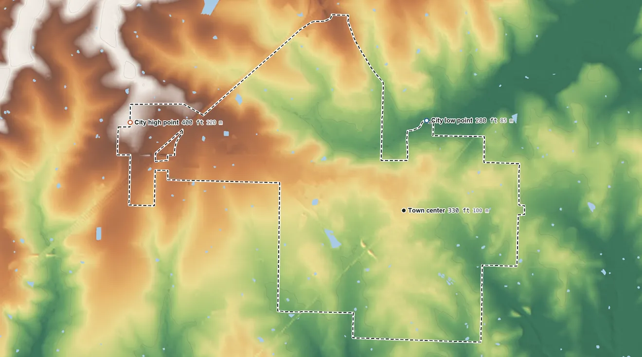 Topographic elevation map of Prescott, Arkansas, shaded from 280 ft on the north side to 400 ft on the west side