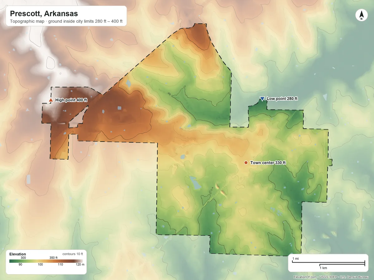 Topographic elevation map of Prescott, Arkansas, shaded from 280 ft on the north side to 400 ft on the west side