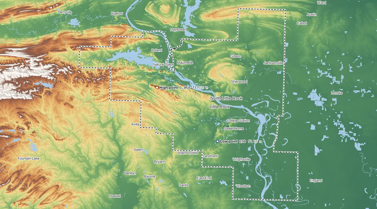 Topographic elevation map of Pulaski County, Arkansas, shaded from 190 ft on the southeast side to 1,068 ft on Shinall Mountain
