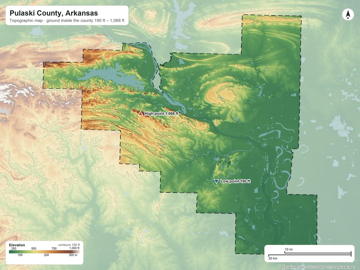Topographic elevation map of Pulaski County, Arkansas, shaded from 190 ft on the southeast side to 1,068 ft on Shinall Mountain