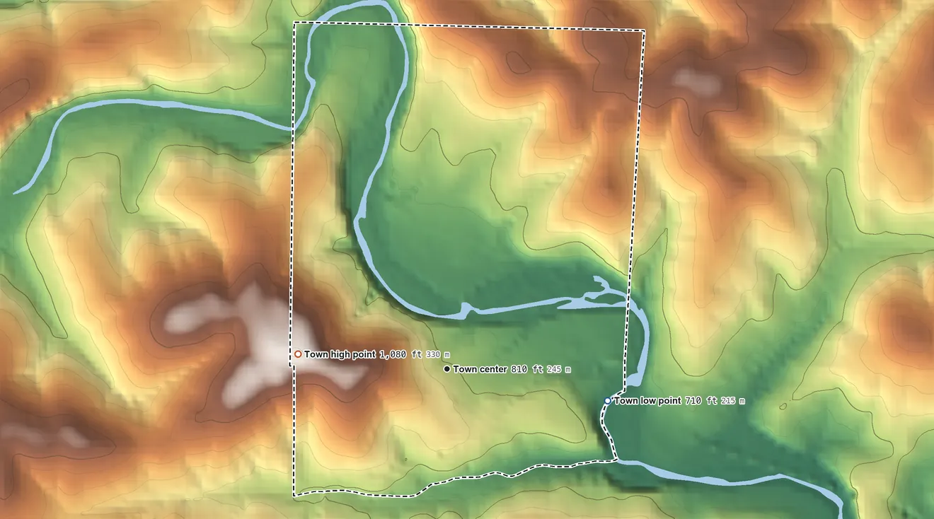 Topographic elevation map of Pyatt, Arkansas, shaded from 710 ft on the east side to 1,080 ft on the west side