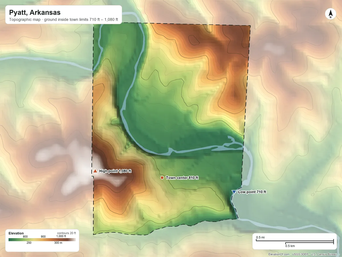Topographic elevation map of Pyatt, Arkansas, shaded from 710 ft on the east side to 1,080 ft on the west side
