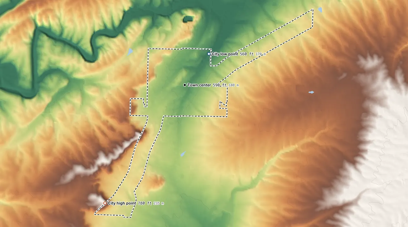 Topographic elevation map of Quitman, Arkansas, shaded from 560 ft on the northeast side to 780 ft on Mount Pleasant