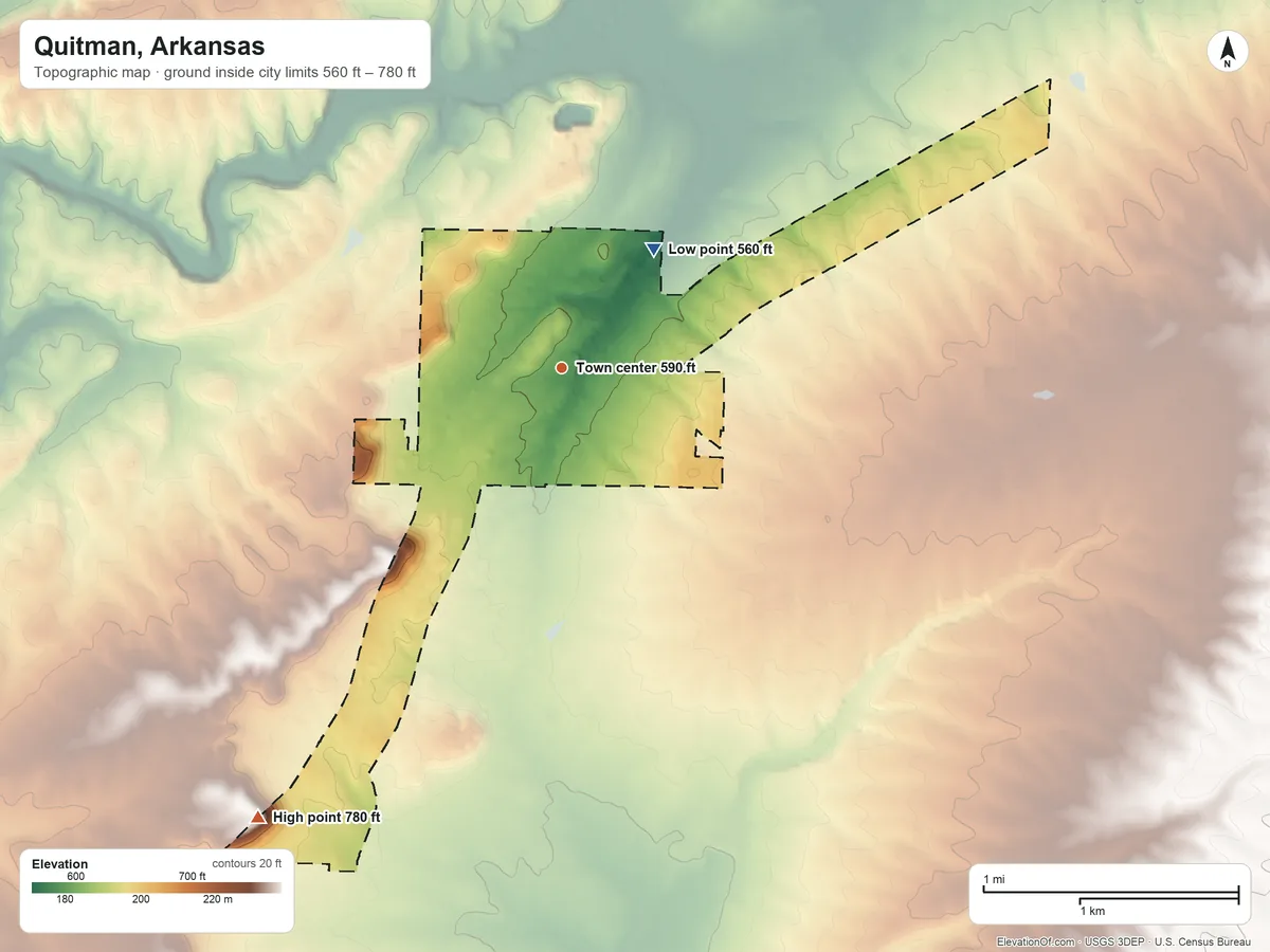 Topographic elevation map of Quitman, Arkansas, shaded from 560 ft on the northeast side to 780 ft on Mount Pleasant