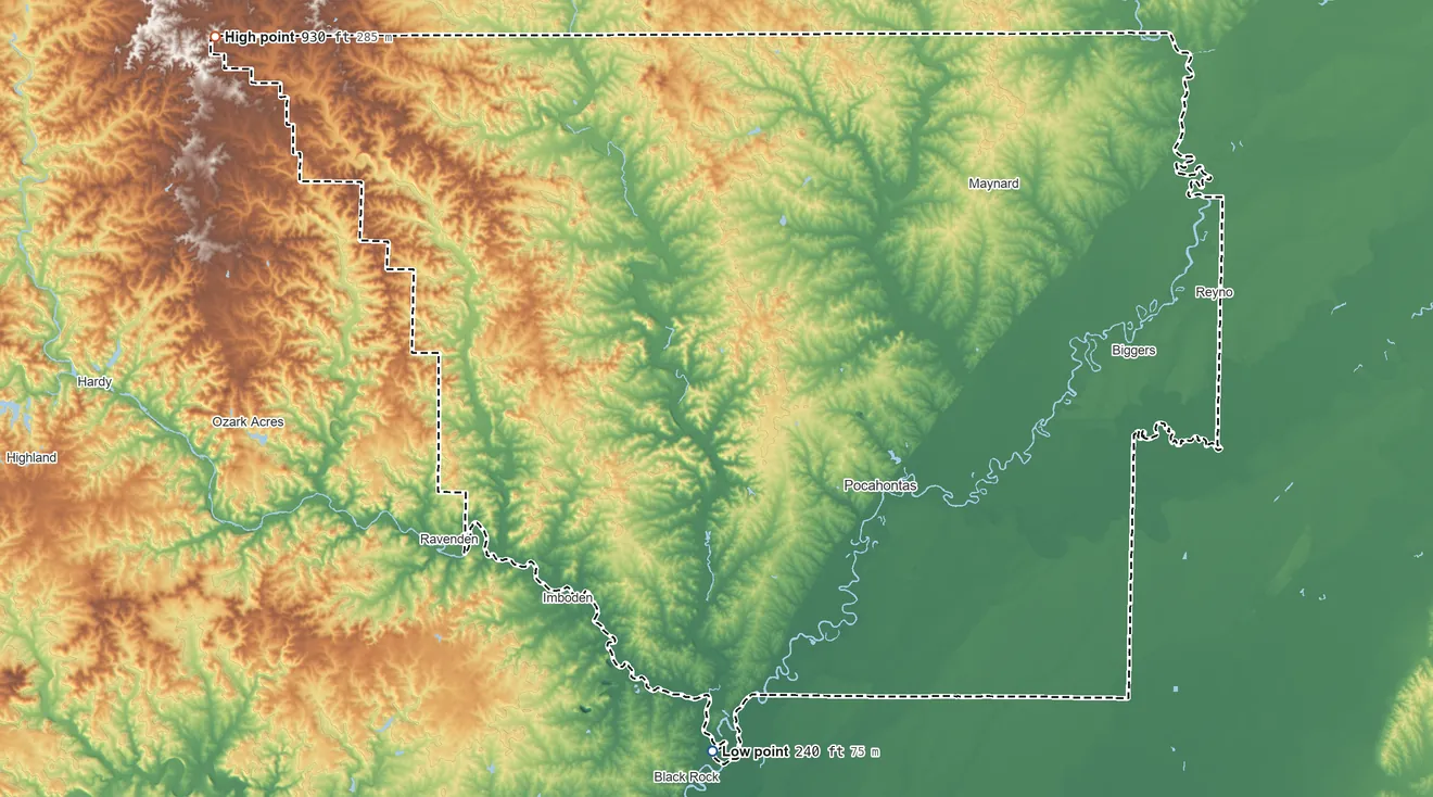 Topographic elevation map of Randolph County, Arkansas, shaded from 240 ft on the south side to 930 ft on the northwest side