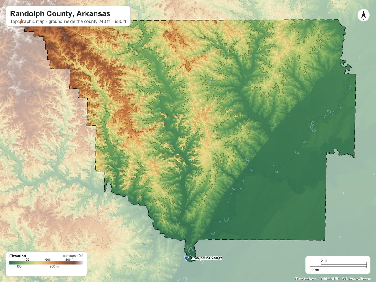 Topographic elevation map of Randolph County, Arkansas, shaded from 240 ft on the south side to 930 ft on the northwest side