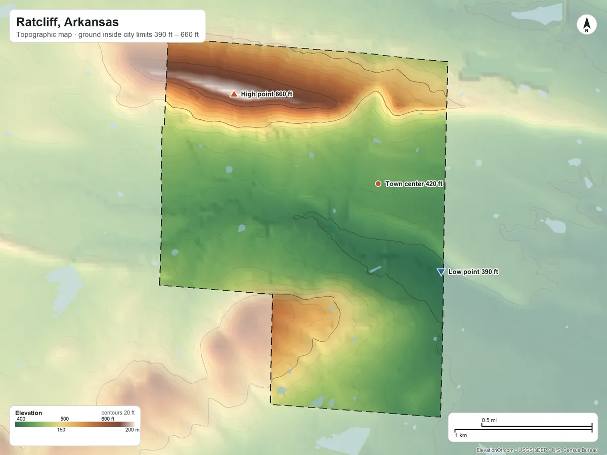 Topographic elevation map of Ratcliff, Arkansas, shaded from 390 ft on the southeast side to 660 ft on the northwest side