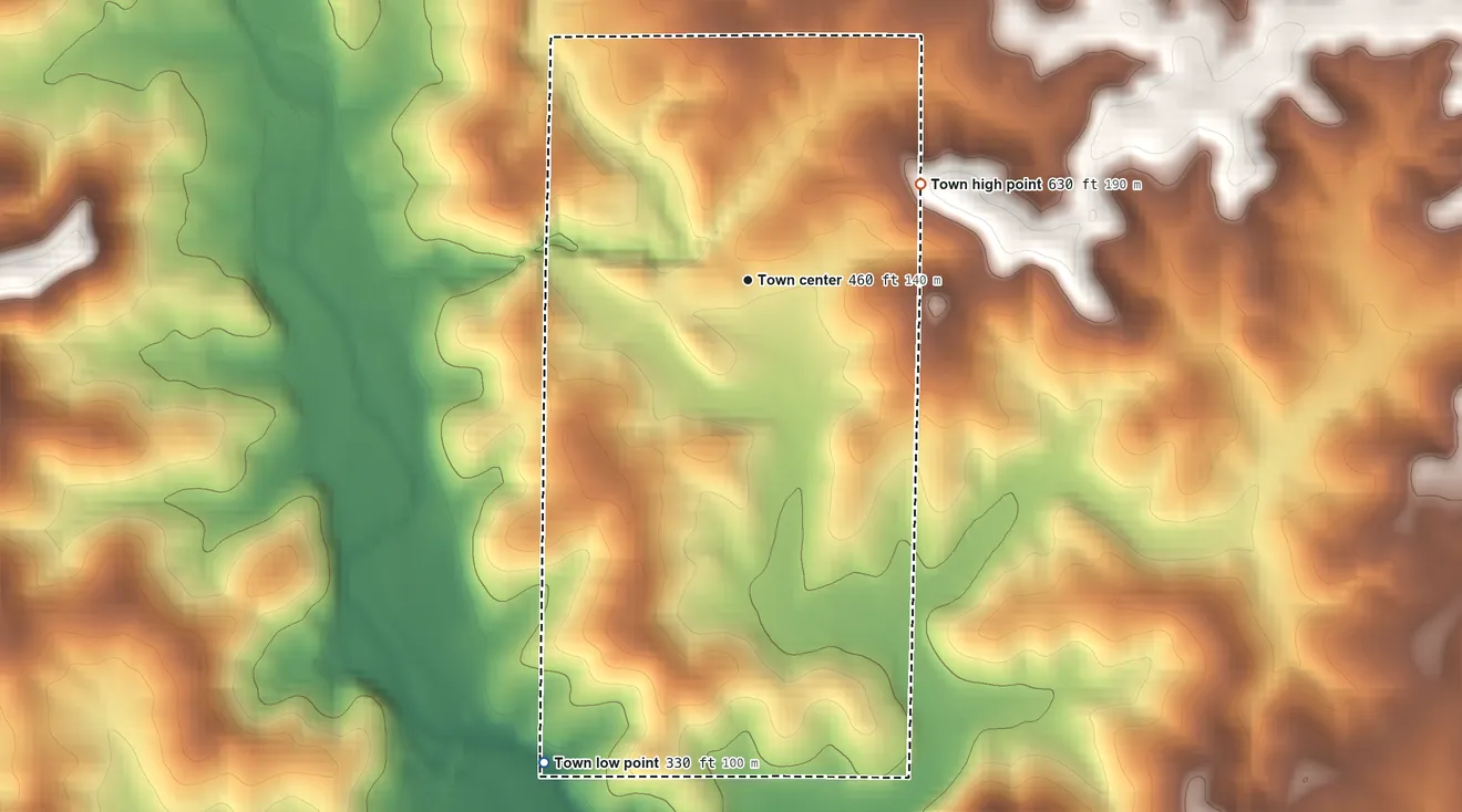 Topographic elevation map of Ravenden Springs, Arkansas, shaded from 330 ft on the southwest side to 630 ft on the northeast side