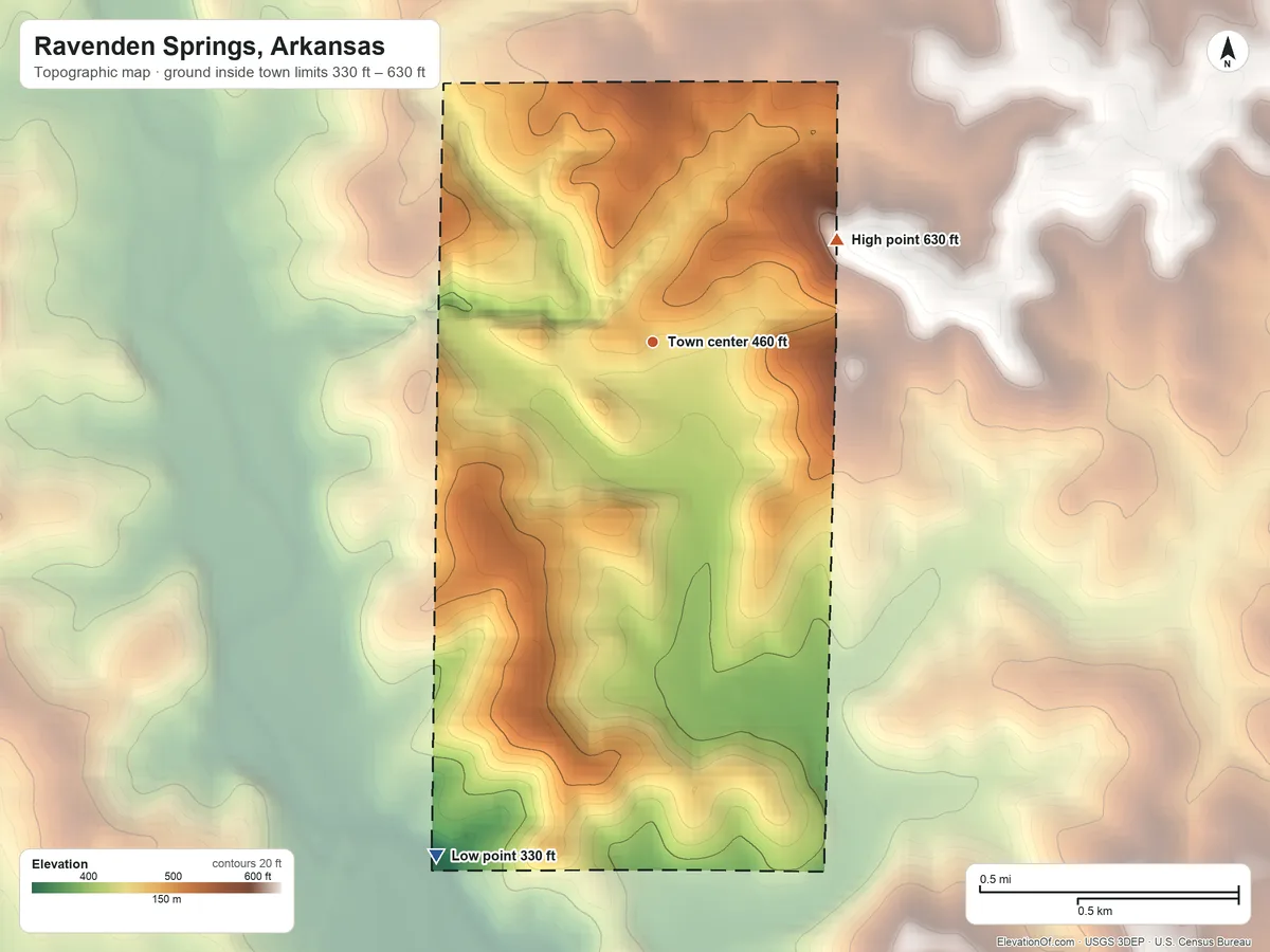 Topographic elevation map of Ravenden Springs, Arkansas, shaded from 330 ft on the southwest side to 630 ft on the northeast side