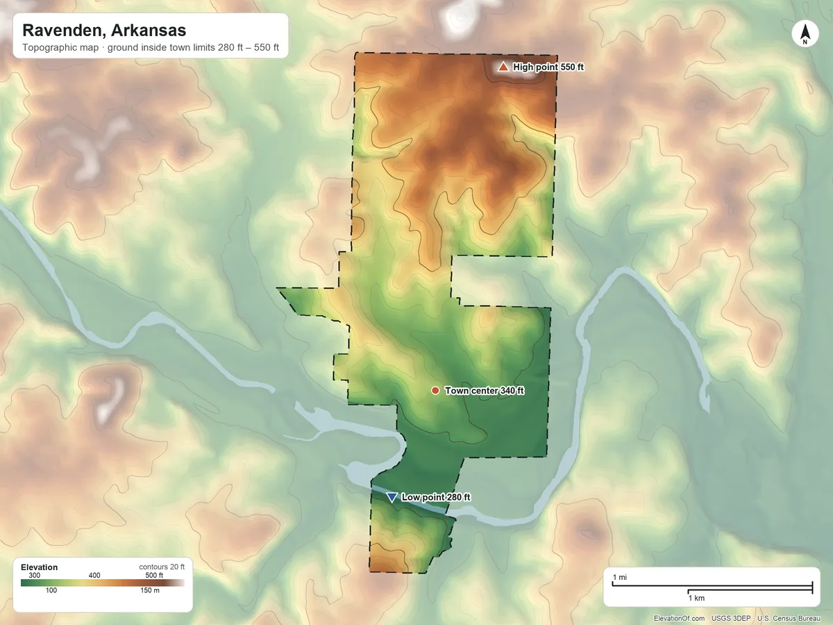 Topographic elevation map of Ravenden, Arkansas, shaded from 280 ft on the south side to 550 ft on the north side