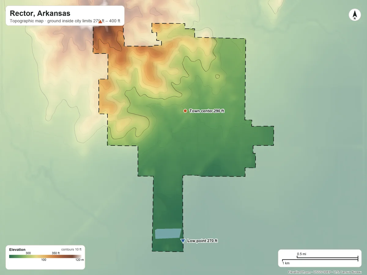 Topographic elevation map of Rector, Arkansas, shaded from 270 ft on the south side to 400 ft on the northwest side