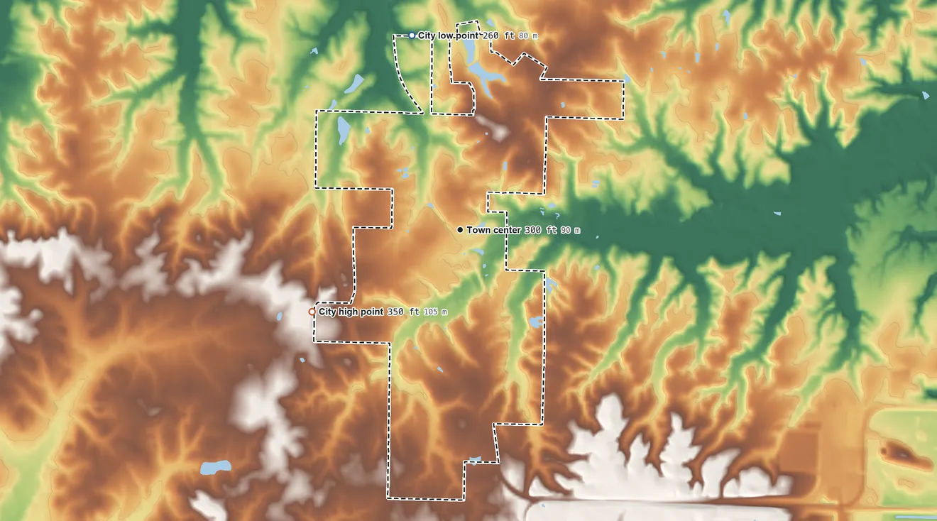 Topographic elevation map of Redfield, Arkansas, shaded from 260 ft on the north side to 350 ft on the southwest side