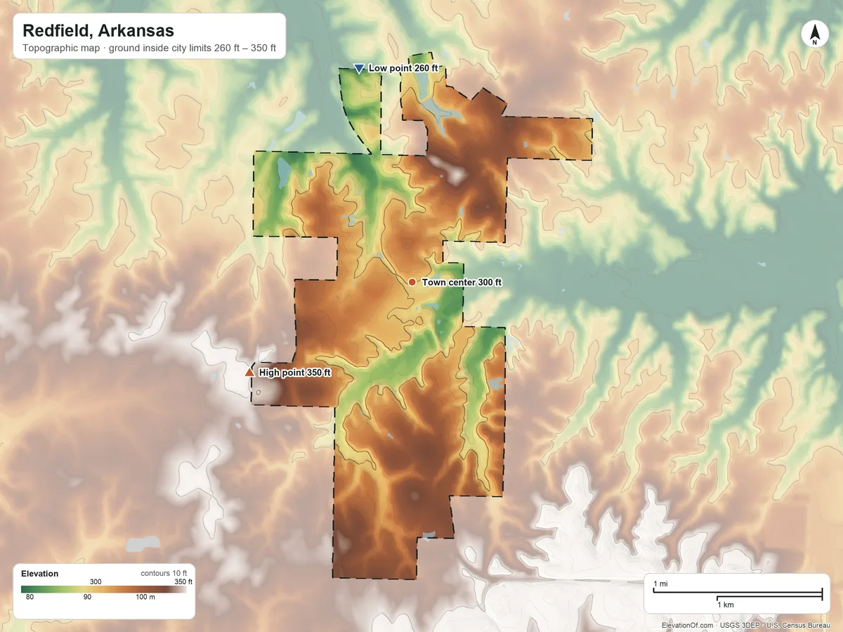 Topographic elevation map of Redfield, Arkansas, shaded from 260 ft on the north side to 350 ft on the southwest side