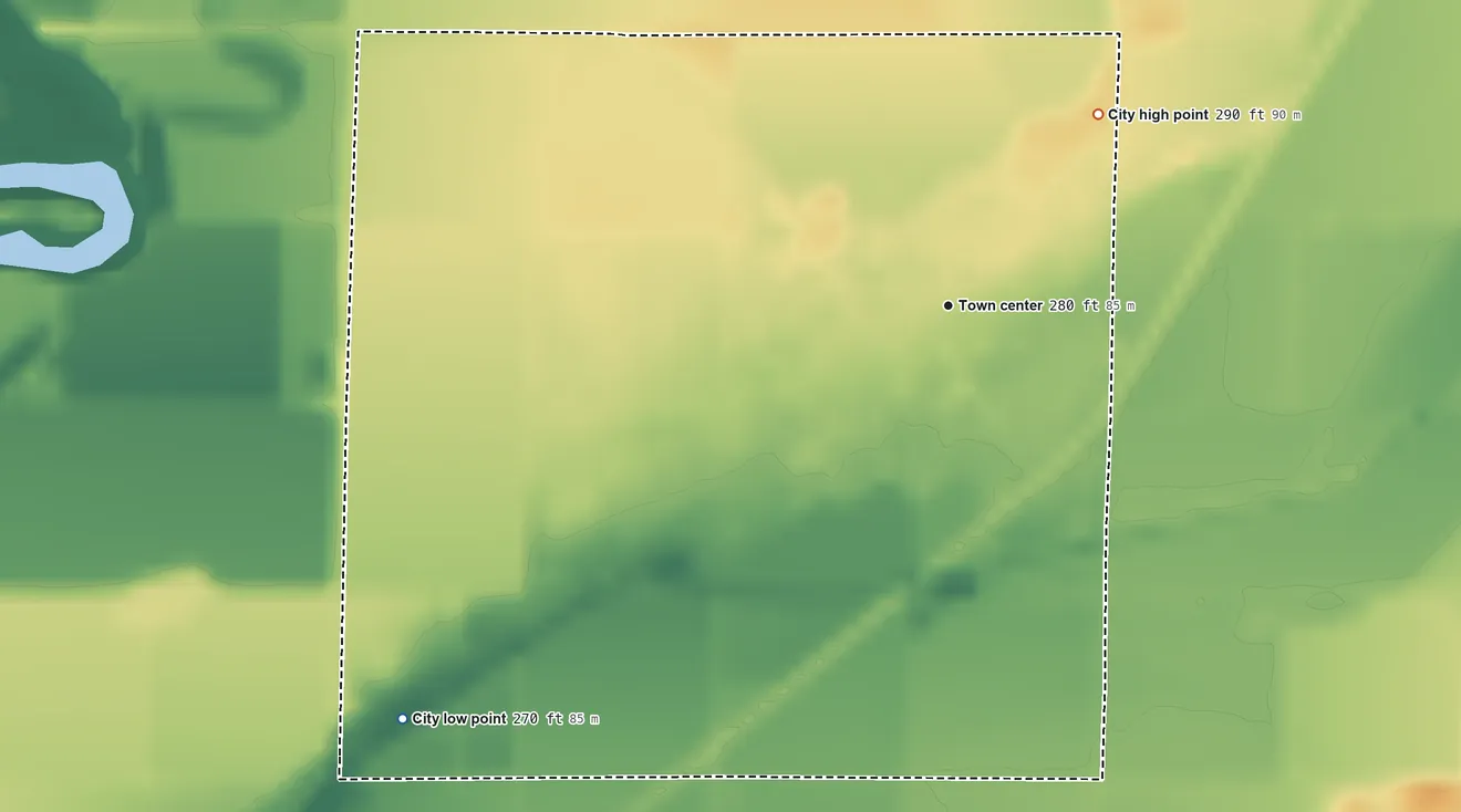 Topographic elevation map of Reyno, Arkansas, shaded from 270 ft on the southwest side to 290 ft on the northeast side