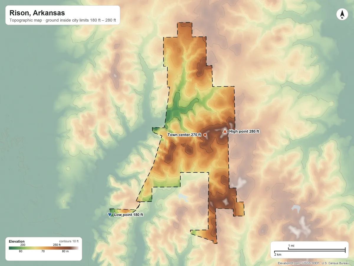 Topographic elevation map of Rison, Arkansas, shaded from 180 ft on the southwest side to 280 ft near the middle